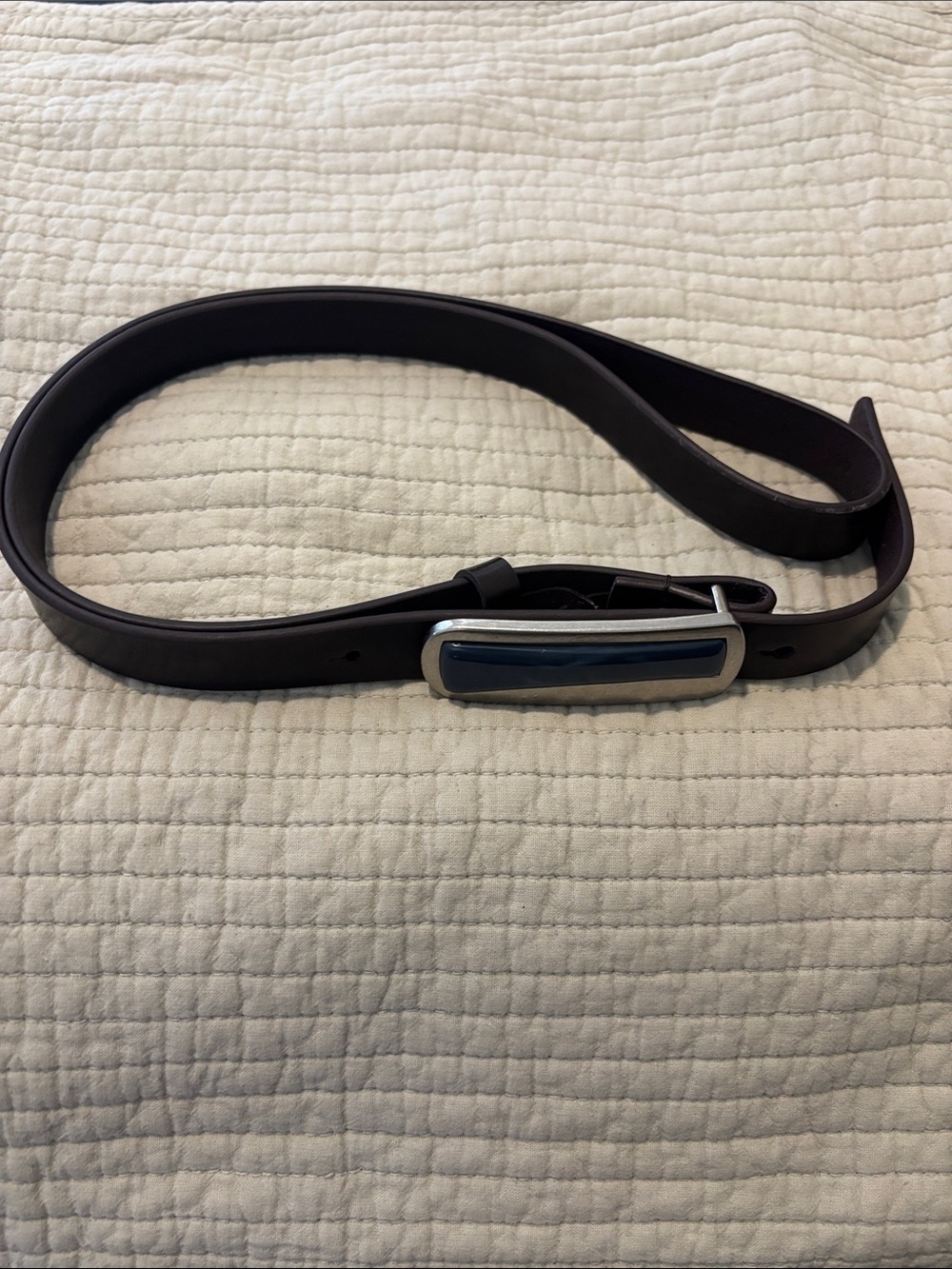 Cole Haan Black Leather Belt with Silver and Dark Blue Accent Buckle